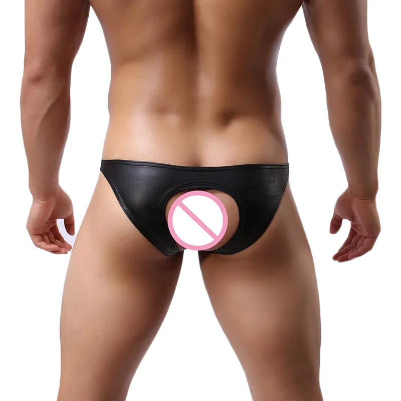 

Sexy Briefs Men's Open Butt Underwear Thong Cool Man Panties Patent Leather Men Underpants Black Imitation Leather Brief Thongs