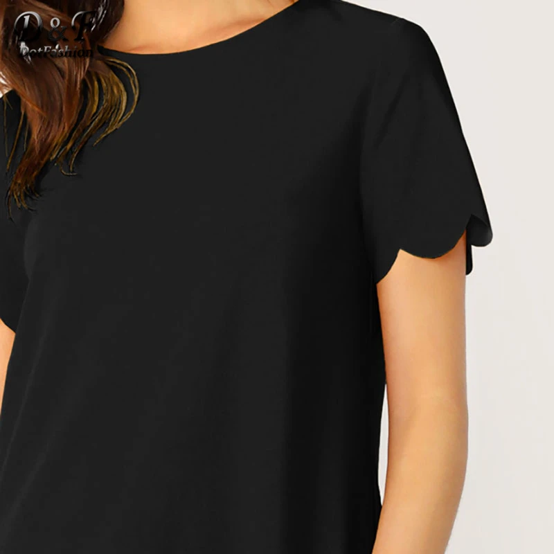 Dotfashion Black Solid Scallop Edge Tunic Dress Women Summer Casual Short Sleeve Dresses Ladies Fashion Straight Dress