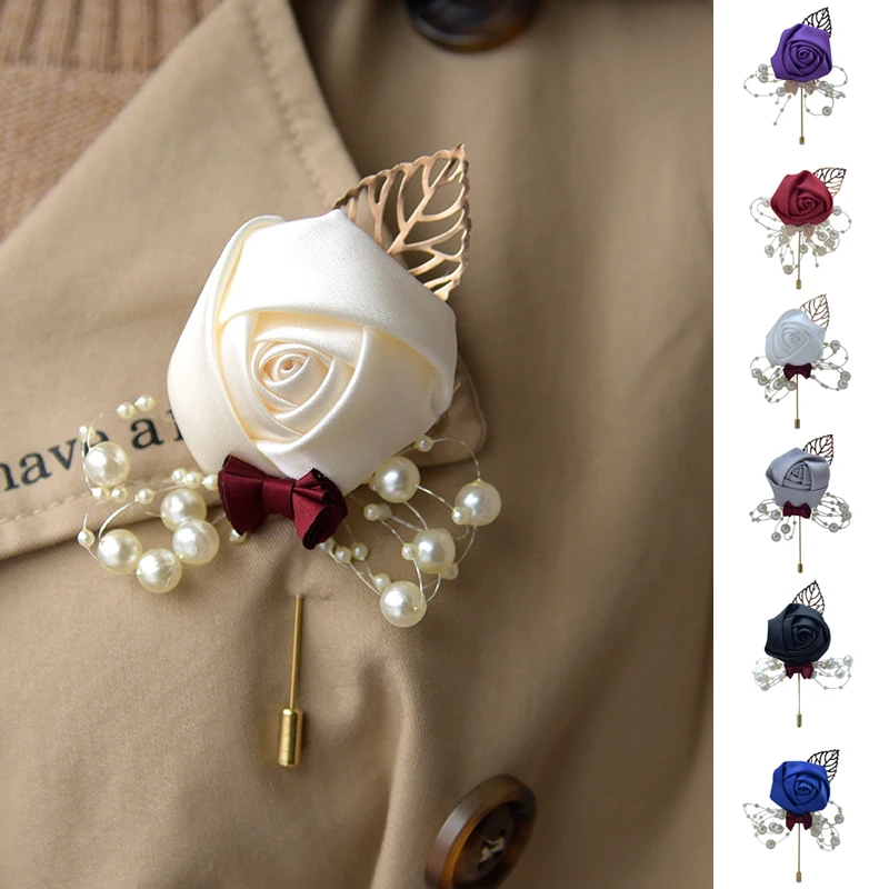Wedding Brooch Prom Corsage Ceremony Flower Brooch Wedding Groom Groomsmen Buttonhole Flowers Boutonniere Pearl Brooch Pins Gift