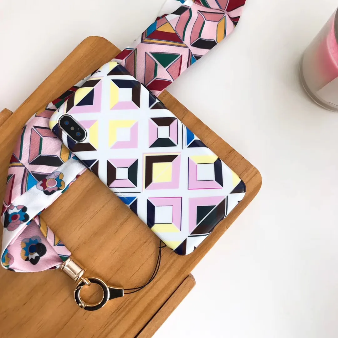 case and strap Для iphone X ТПУ чехол с узором в клетку для iphone 8 7 6 6s plus IMD чехол для iphone 7 plus 6s листья fundas+ шейный ремешок - Цвет: case and strap