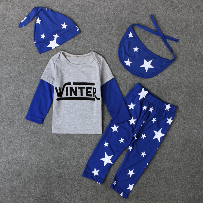 2016 Spring Autumn baby boy clothes casual 4pcs (Hat+Bib+ T-shirt+pants) The stars leisure boys clothing sets DS26 |