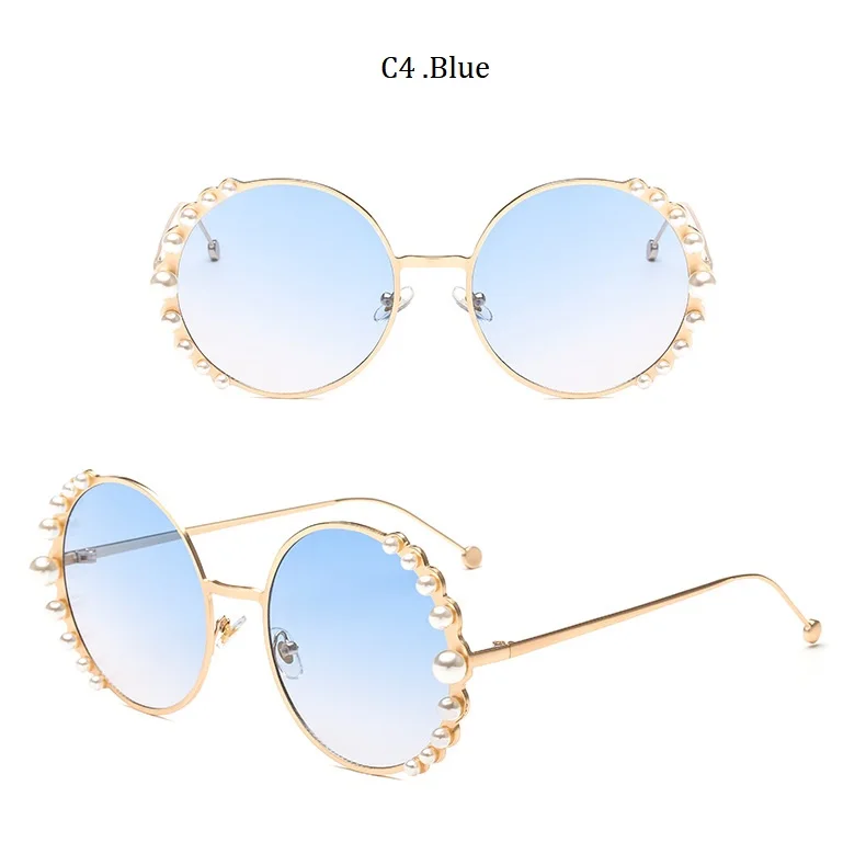 D549 blue Круглые женские солнцезащитные очки с бусинами, модная оправа из сплава, брендовые дизайнерские солнцезащитные очки с жемчугом для женщин, коричневые оттенки, UV400, Новинка - Цвет линз: D549 blue
