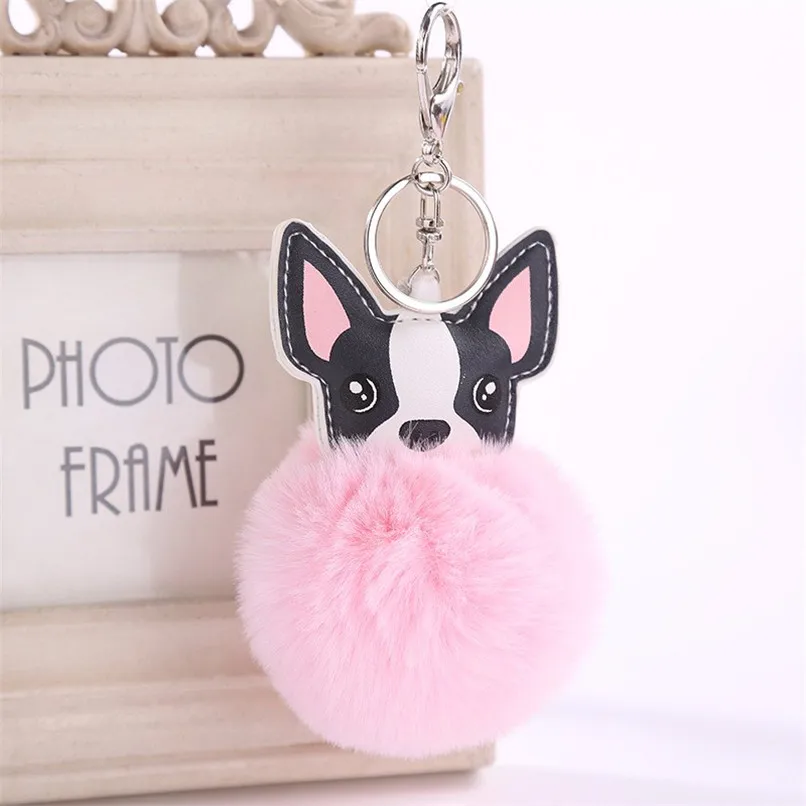 Cute Dog Keychain pompom Colorful fur ball Fluffy Key Chain Holder clef Bag Car Keyring Christmas ornament 5FN |