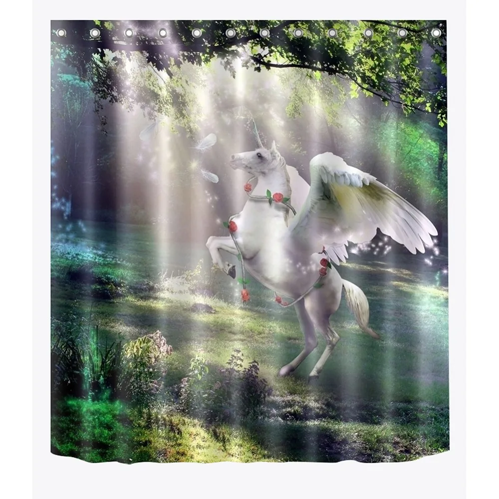 

72'' Bathroom Waterproof Fabric Shower Curtain Polyester 12 Hooks Bath Accessory Sets Unicorn Spread Its Wings On Sunlight Lawn