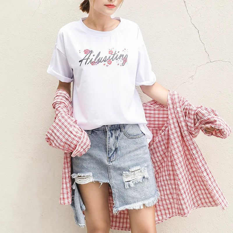 Летние футболки с принтом буквами Футболка свободно плюс ярдов женские Короткие