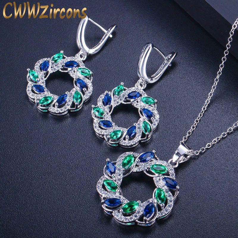 CWWZircons, модный бренд, большая круглая капля, австрийский синий и зеленый кристалл, серьги и кулон, ожерелье, набор украшений для женщин T291