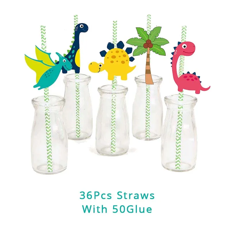 36pcs straws Мультфильм зеленый мотив динозавра висящий баннер одноразовые, для капкейков обертка попкорн коробочка, мыльница для детей день рождения украшения - Цвет: 36pcs straws