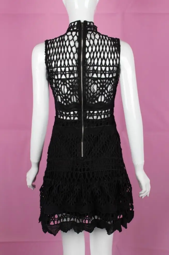 

2019 Mini Dress Sexy Celedrity Lace Bandage Hollow Out Women O Neck Night Club Sleeveless Body con Party Dresses Wholesale