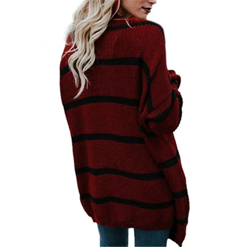 Autumn and Winter Women Sweet Fashion Striped Knit V-neck Cardigan Long Sleeve Loose Wool Sweater with Pocket |