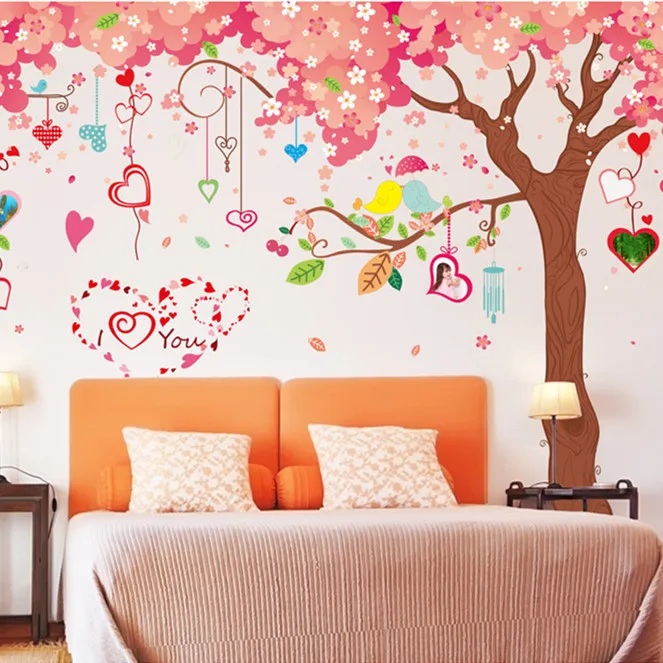 Большой размер XXL мультфильм розовое большое дерево цветной стикер в виде сердца