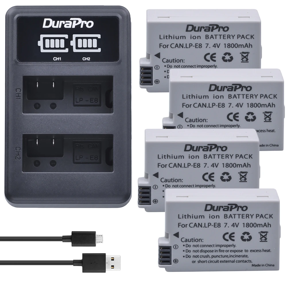 Durapro 4pc Аккумулятор для Canon LP E8 LPE8 литий ионные батареи + двойное зарядное