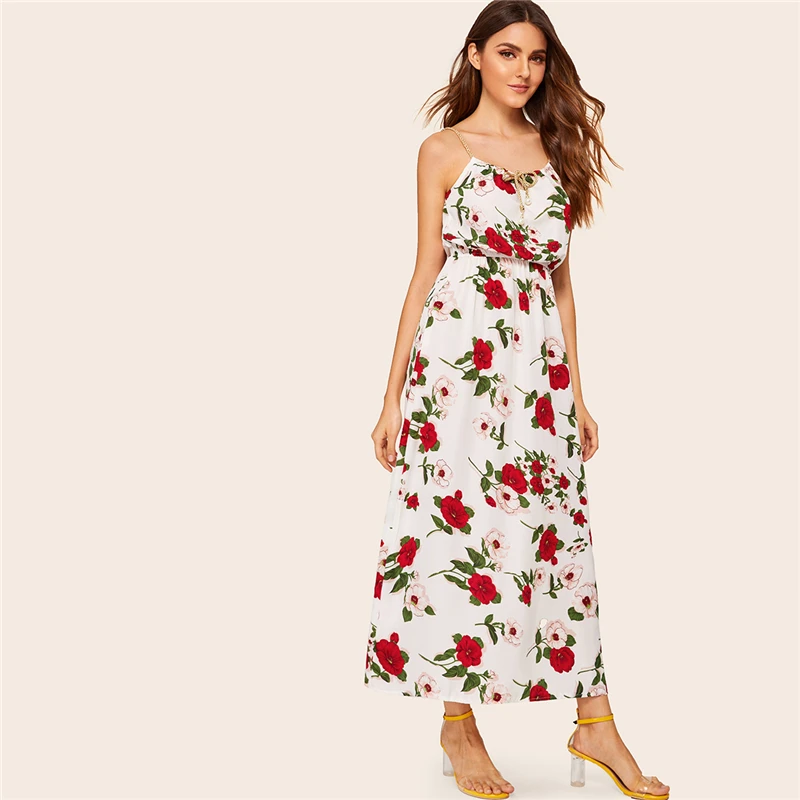 COLROVIE оплетенный ремешок из искусственного жемчуга с цветочным принтом Boho Cami длинное платье женское летнее Плиссированное пляжное платье без рукавов