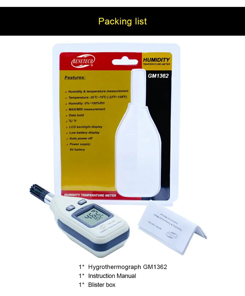 BENETECH GM1362 Измеритель температуры и влажности цифровой ЖК-дисплей термо-гигрометр с ЖК-подсветкой и удержанием данных