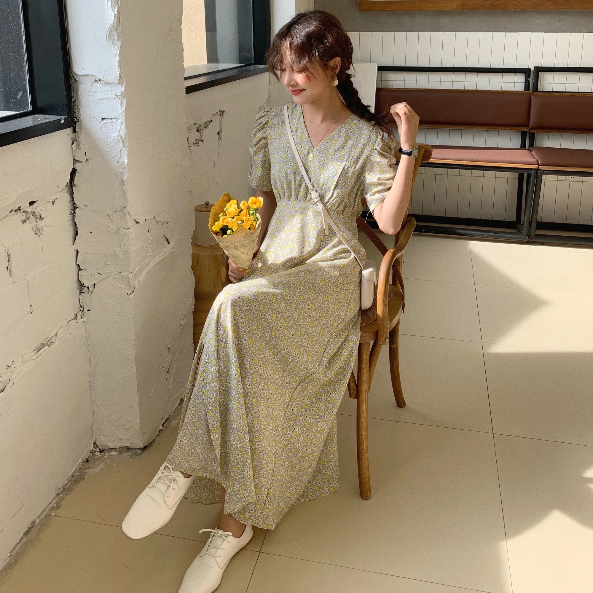 Летнее цветочное платье Элегантная туника Сексуальная v образным вырезом