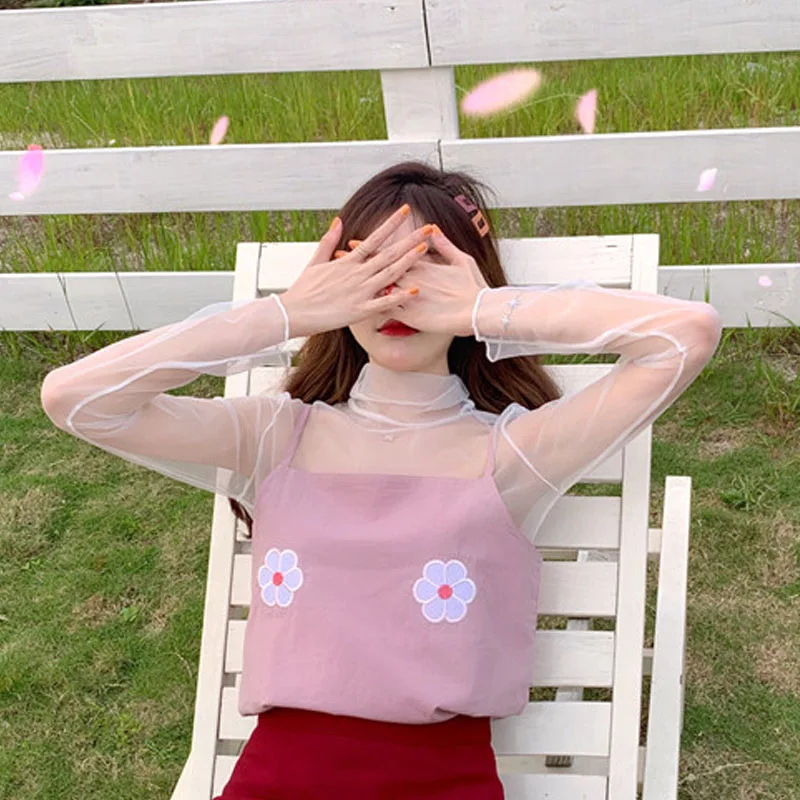 Женская летняя одежда ulzzang сетчатый прозрачный топ + на бретельках с цветочной