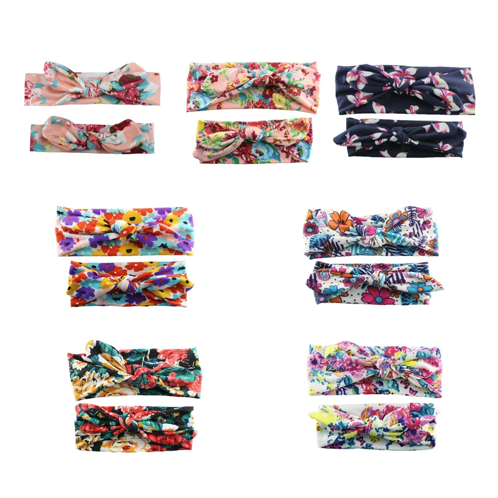 

2Pcs Mom Baby Headband Top Knotted Elastic Bowknot Matching Headdress Rabbit Ears Hairband Floral Print Child Hair Accessories