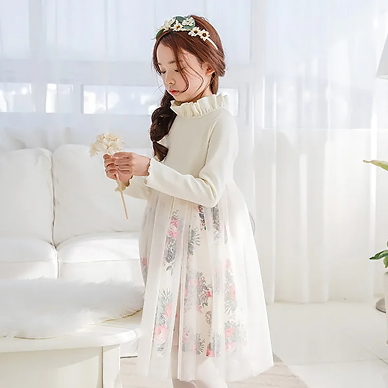 Baby Girls Teens Floral Dress Fall Winter Wedding Party Princess dress Mesh Patchwork Kids Costumes New Year Children Clothing | Детская