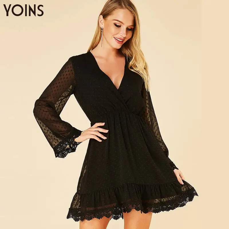 YOINS 2019 Летнее осеннее женское платье Сексуальное черное кружевное мини С