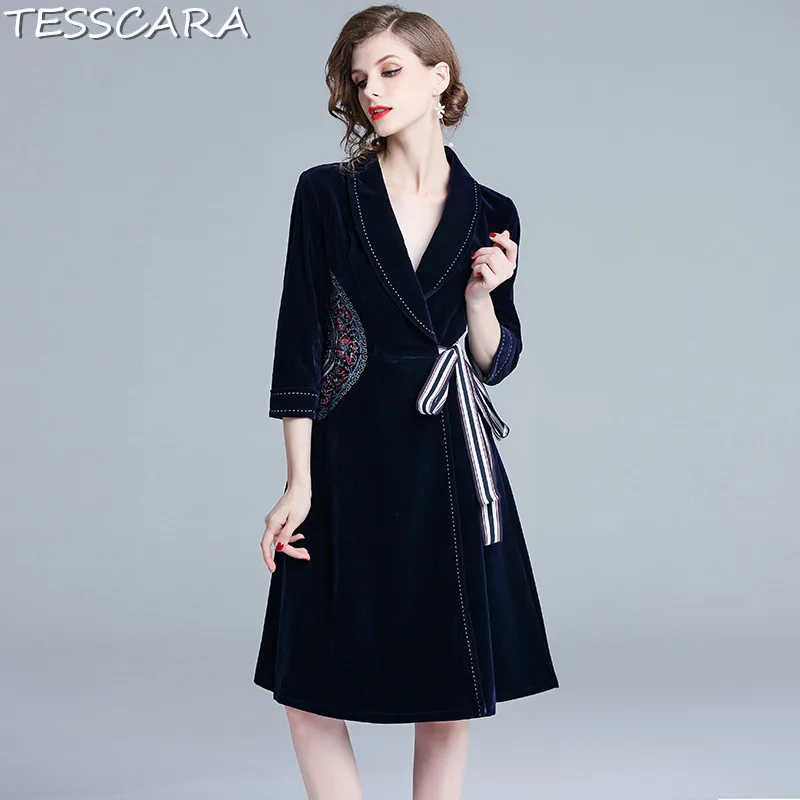 TESSCARA, женское осеннее и зимнее элегантное бархатное платье, праздничное, для женщин, высокое качество, дизайнерские, офисные, вечерние, Vestidos, винтажное платье - Цвет: Navy