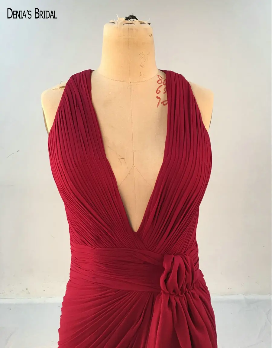 2017 Mermaid Red Chiffon Evening Dresses with V Neckline Sleeves Pleats Floor Length Sweep Train Party Prom Gowns | Свадьбы и