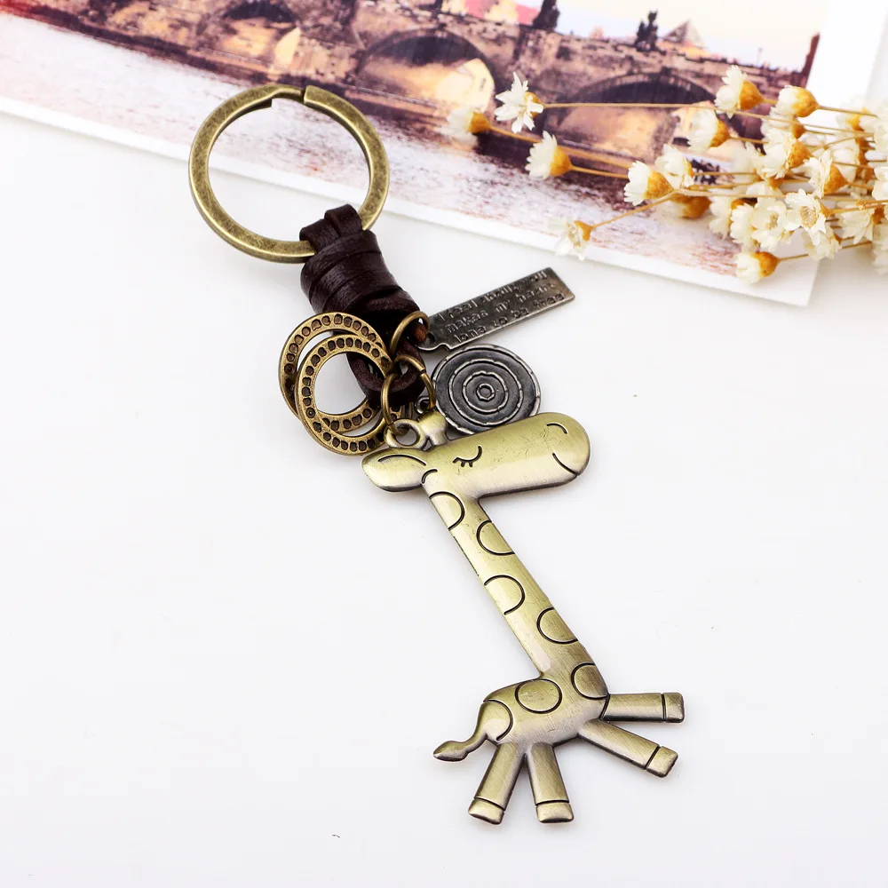 2019 new sika deer giraffe keychain fashion cartoon design bronze men and women alloy leather braided key ring | Украшения и