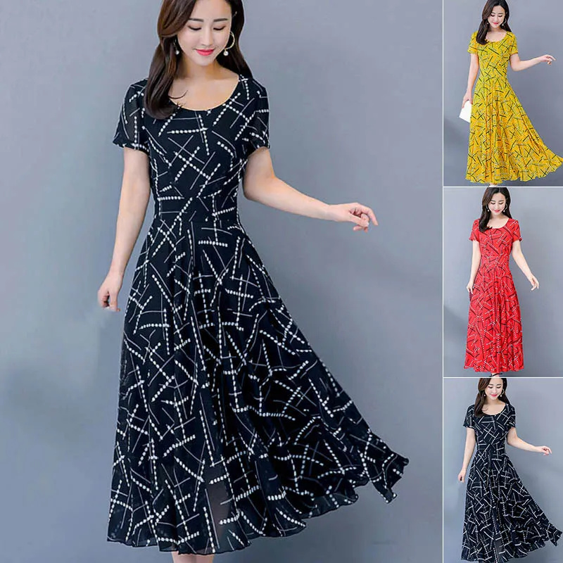 Модное женское повседневное летнее платье с коротким рукавом и круглым вырезом