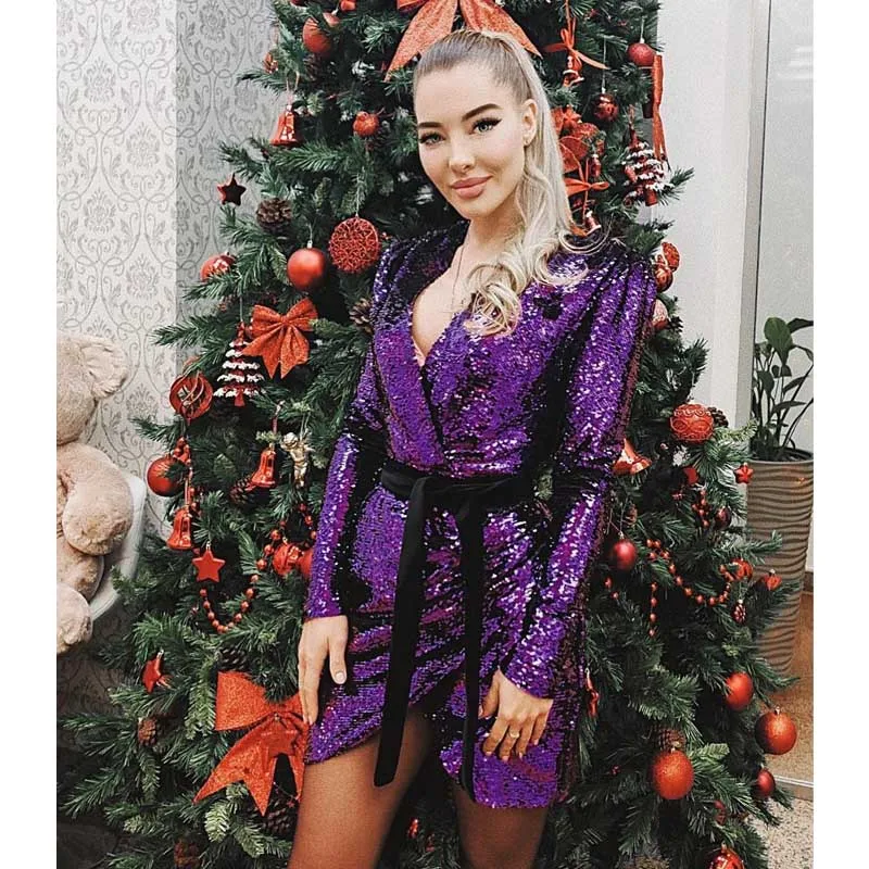 Wholesale 2019 new dress Purple long sleeve V-neck Sequin Sexy Night club celebrity Cocktail party Dress(H2660) | Женская одежда
