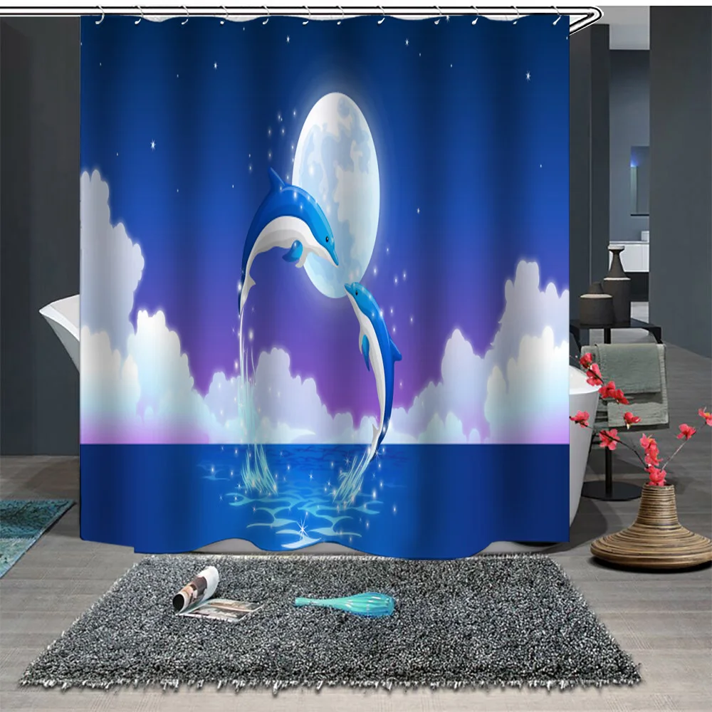 

Custom Made Shower Curtain Bathroom Curtain Partition 1.5 x 1.8m 1.8 x 1.8m 1.8 x 2m Sea Dolphin Fish Cloud Heart Moon Blue
