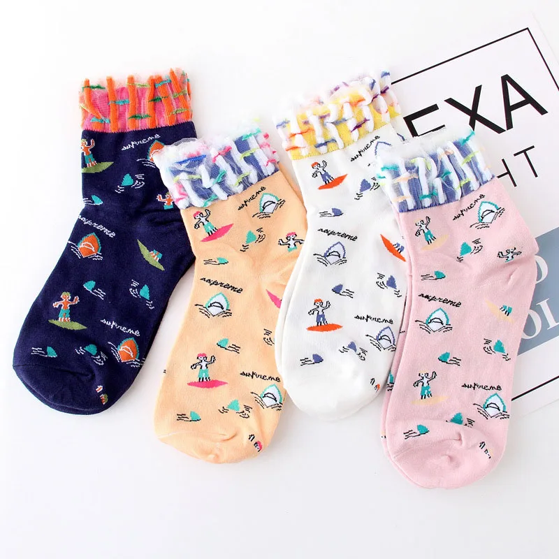 [EIOISAPRA]/4 пары носков с рисунком из мультфильма пляж у моря жаккардовые кружевные