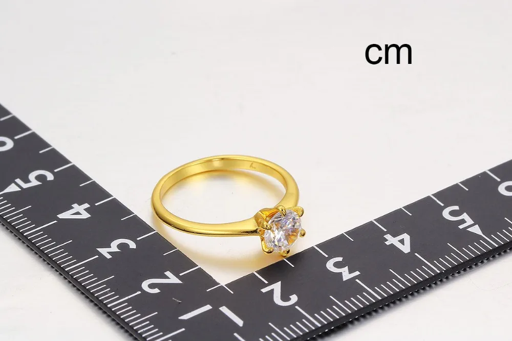 Желтое Золото Цвет Пасьянс шесть коготь круглый CZ круглое кольцо для женщин