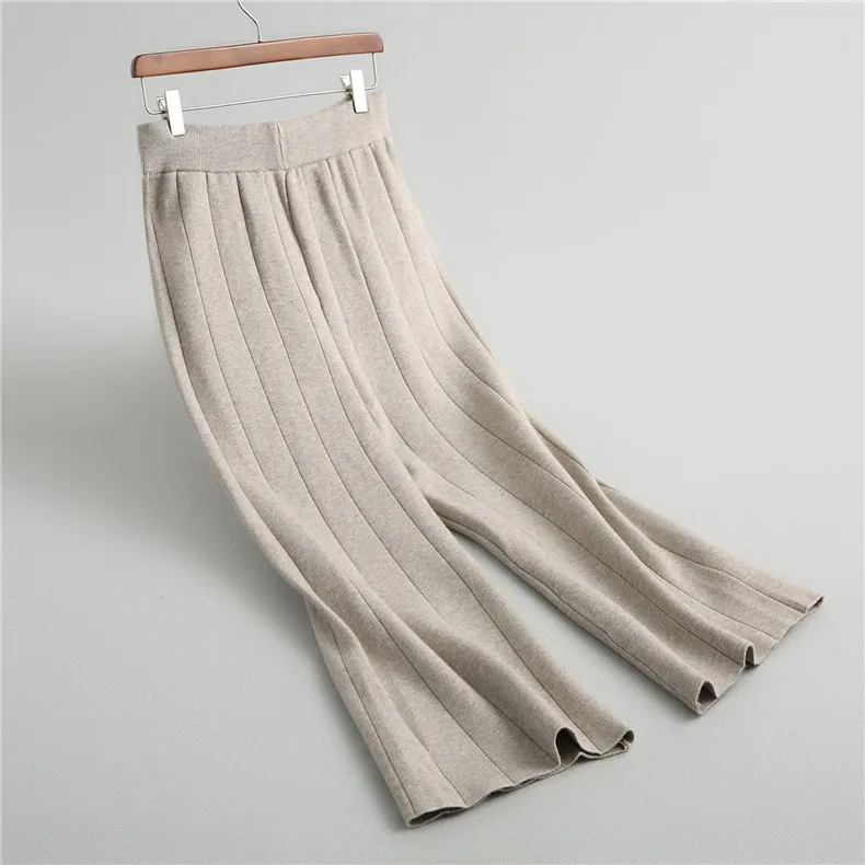 2020 Fall Winter Women Loose Casual Pants Lace UP Elastic Waist Wide leg Wool Knitted Straight Grey Black Beige | Женская одежда