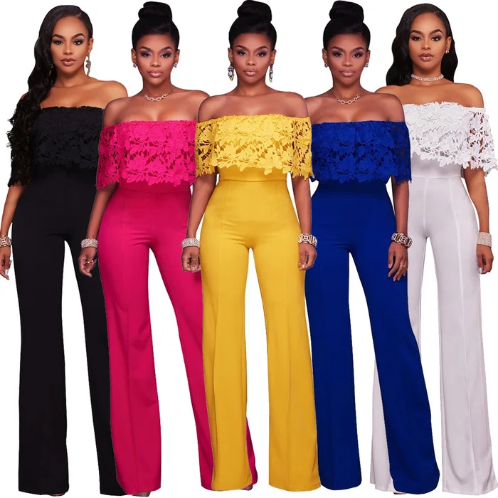 

Slash Neck Off Shoulder Lace Jumpsuit Women Fashion Elegant OL Overalls Wide-leg Pants Long Romper Plus Size High Quality 2019