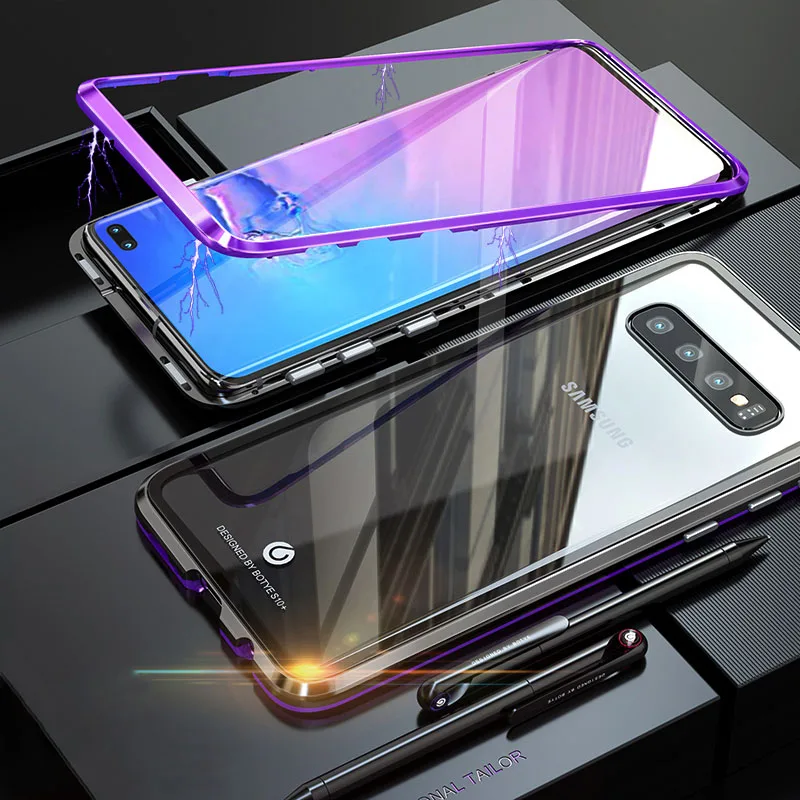 ADKO адсорбционный магнит чехол s для samsung S10 чехол магнитный металлический Прозрачный чехол из закаленного стекла для samsung Galaxy S10 Plus чехол - Цвет: Black Purple