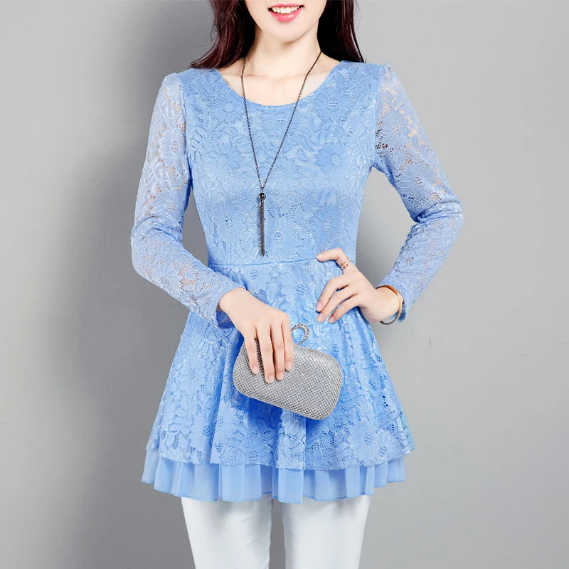 

2020 Autumn long sleeve O neck slim body lace blouses women hollow out lace shirts women lace peplum tops ruffles lace tops lady