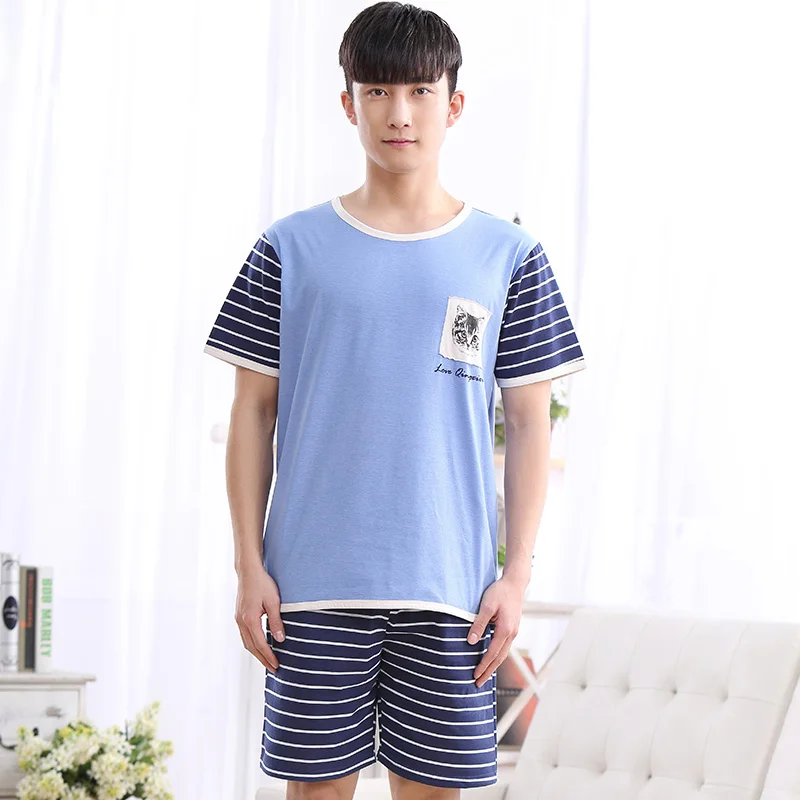 1077 Для мужчин летние пижамы с рисунком кошки синий топ + Полосатые укороченные