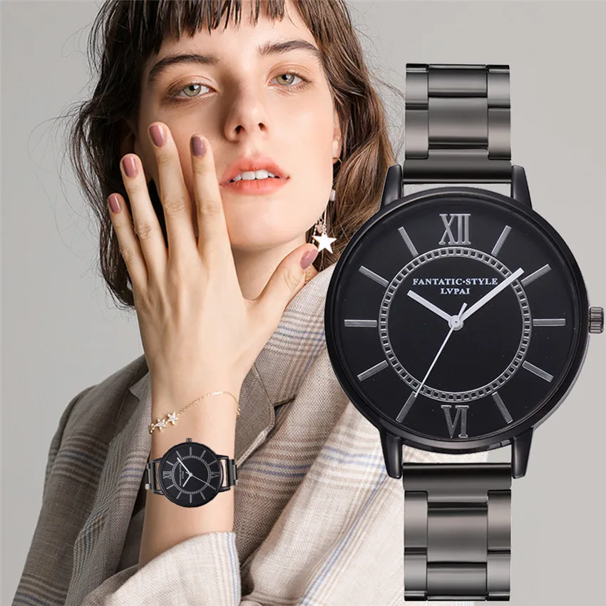 Женские кварцевые часы наручные с черным циферблатом из нержавеющей стали