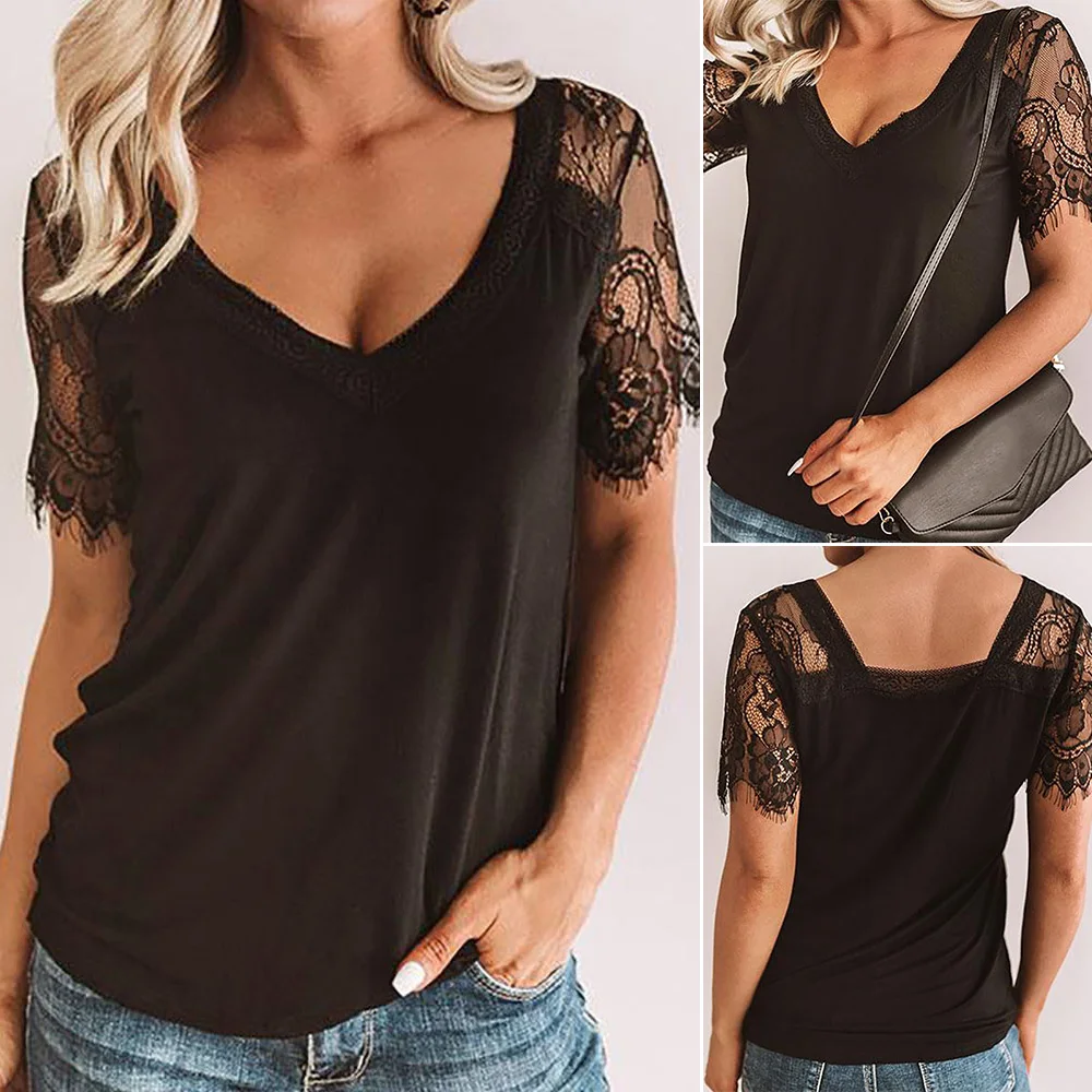 Женская рубашка черные летние топы с v-образным вырезом и коротким рукавом