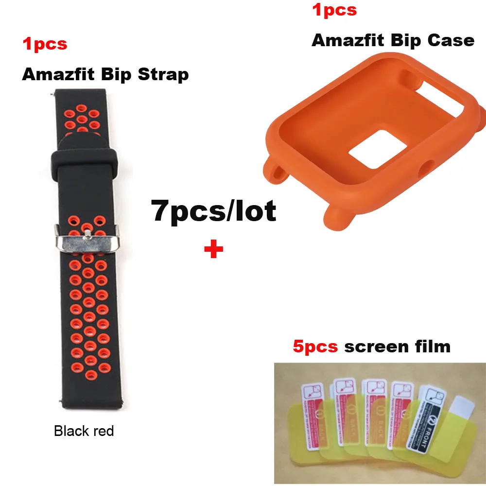 7/лот для Xiaomi Huami Amazfit Bip Bit Lite ремешок для часов 20 мм наручный браслет защита экрана Pantalla пленка защитный чехол - Цвет: Black Red-OrangeCase