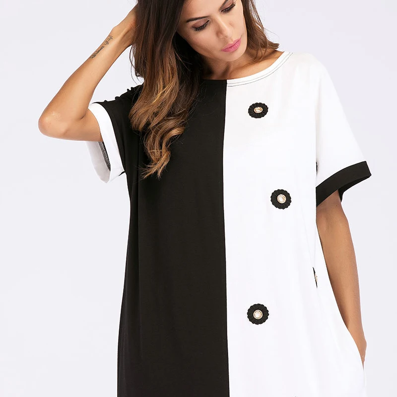 2018 Summer Women Fashion O-Neck Short Sleeved Contrast Color Abaya Gown Muslim Party Long Dress Middle East Casual Loose Robes | Женская