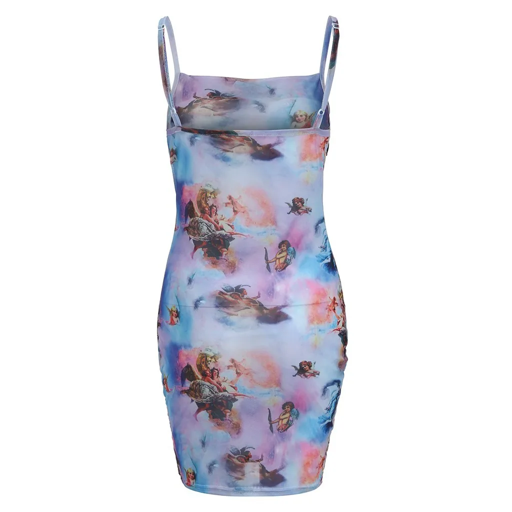 Kleid Für Frauen Blau 2019 Kleider Damen Kurzarm Цветочные Engel gedruck Bodycon Короткие Мини Вечерние vestidos