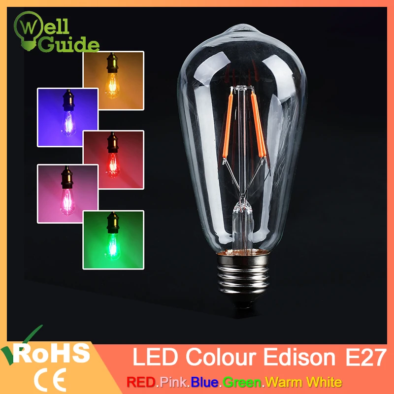 Синий, красный, розовый, зеленый светодиодный светильник накаливания Edison ST64 COB светодиодный светильник 220v E27 ретро глобус замена