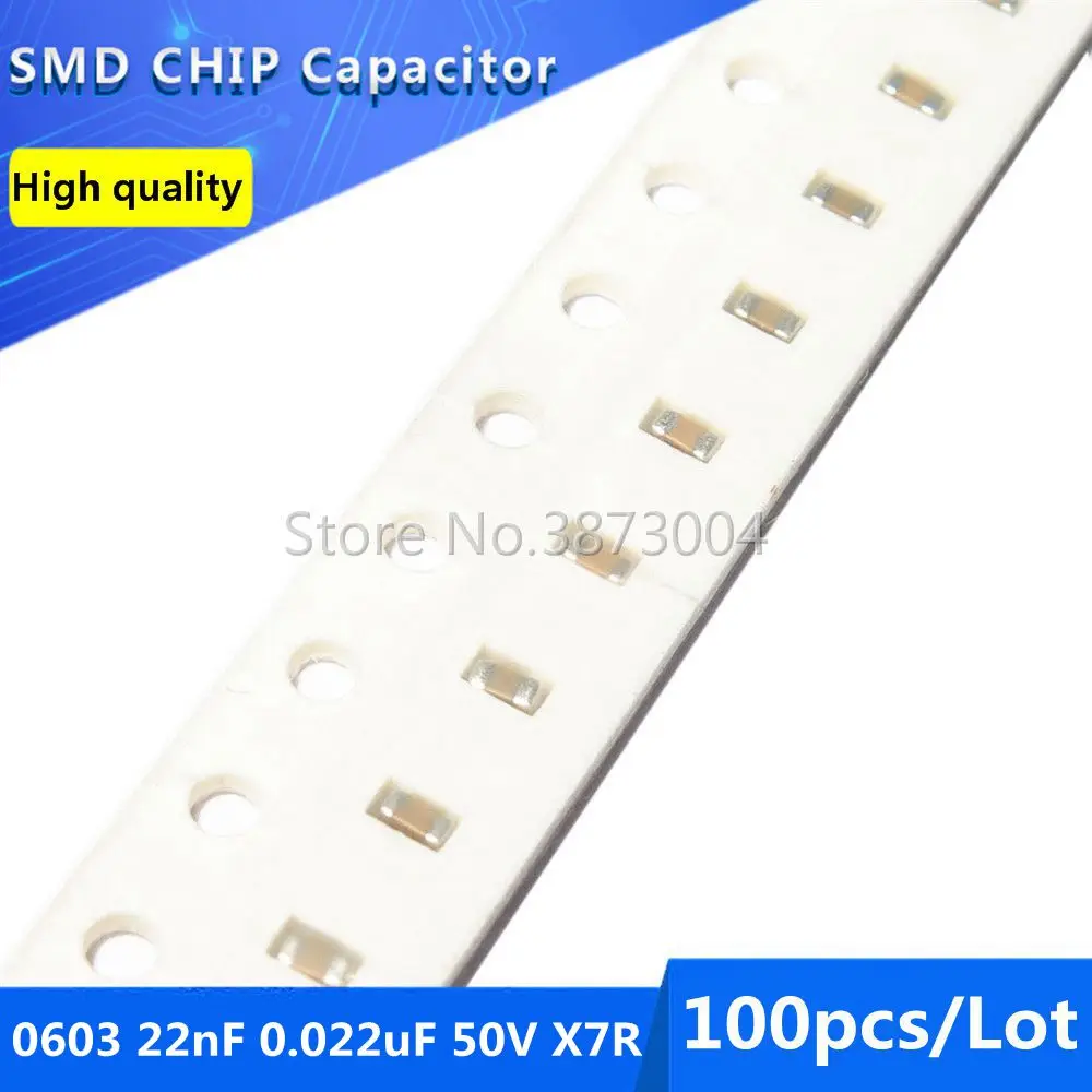 

100pcs 0603 22nF 0.022uF 50V X7R 10% SMD Chip Capacitor