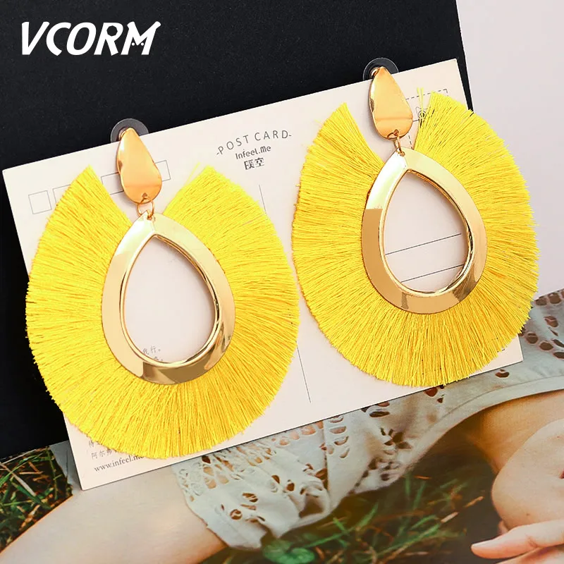 Yellow VCORM богемные большие висячие серьги с кисточками для женщин модные ювелирные серьги Роскошные серьги с бахромой из хлопка и шелка - Окраска металла: Yellow