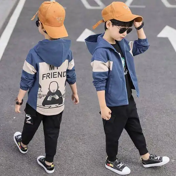 

INS hot Boys Outdoor Jackets 4-13 year old Korean Sping and autumn jacket boys trench Contrast stitching cartoon print coat