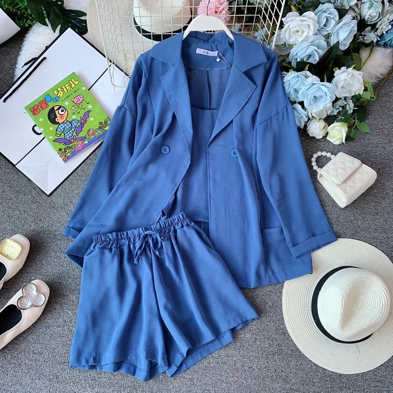 ALPHALMODA Лето Осень женский жакет с длинным рукавом+ топ на бретельках+ шорты повседневный комплект из 3 предметов женский однотонный наряд
