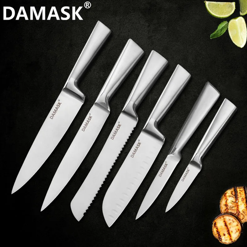 Дамасский набор кухонных ножей из нержавеющей стали, фруктовый нож Santoku для нарезки хлеба, нож шеф-повара, ножницы, точилка и Держатель ножей - Цвет: 6 PCS