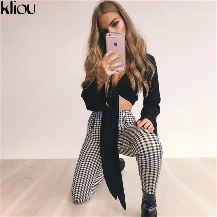 Kliou Новые женские модные длинные брюки в клетку длинные повседневные облегающие удобные штаны на молнии