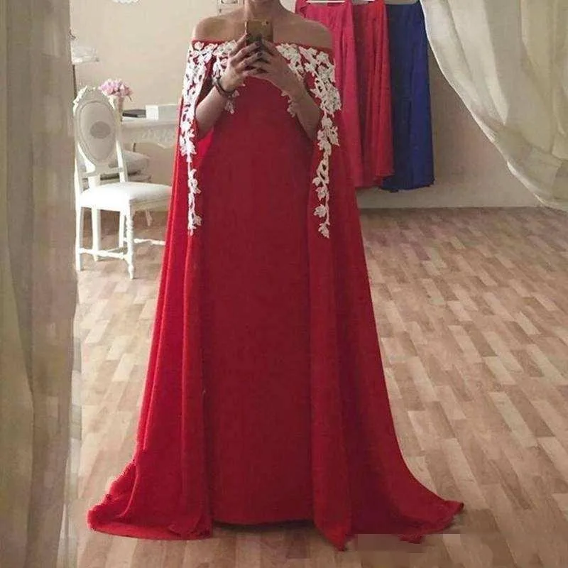 Красный Red Muslim Evening Dresses with Cape A-Line Strapless Lace Appliques Dubai Saudi Arabic Formal Pageant Prom Evening Gowns - Цвет: Красный