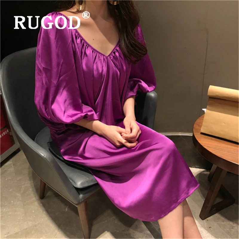 RUGOD винтажный прочный фонарь с длинным рукавом женское элегантное свободное платье миди с открытой спиной vestidos модное синее летнее платье