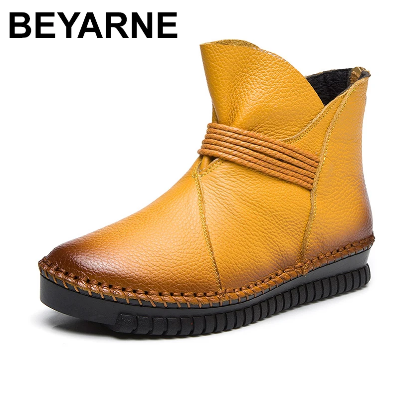 

BEYARNE Women Ankle Boots Lace Up Vintage Genuine Leather Shoes Female Plus Size Platform Flat Winter Boot Warm Woman Footwear